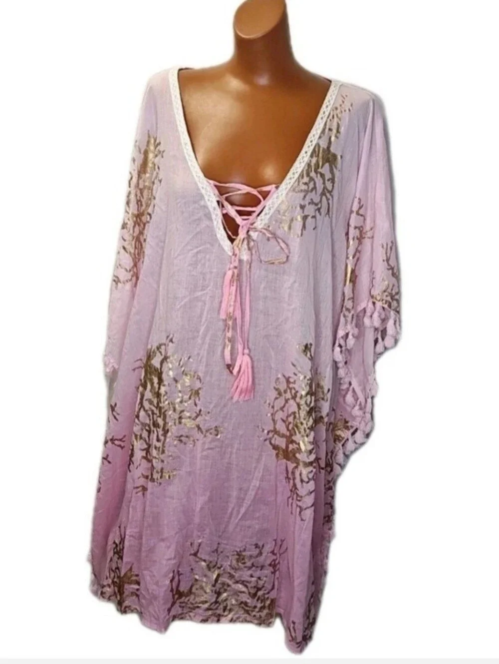 Debbie Katz South Beach Fringed Coverup Tunic Sz 3X-4X Sheer Pink Gold Resort